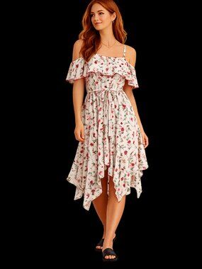 Lulus Off Shoulder Floral Ruffle Midi Dress White Red Green Size L